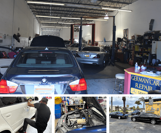 A collage of photos with cars in the garage
